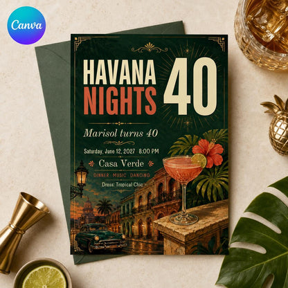 Havana Nights 40th Birthday Invitation, Tropical Cuban Party Invite, Adult Cocktail Birthday, Editable Canva Template