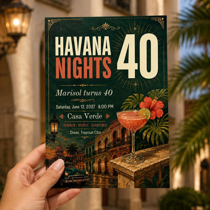 Havana Nights 40th Birthday Invitation, Tropical Cuban Party Invite, Adult Cocktail Birthday, Editable Canva Template