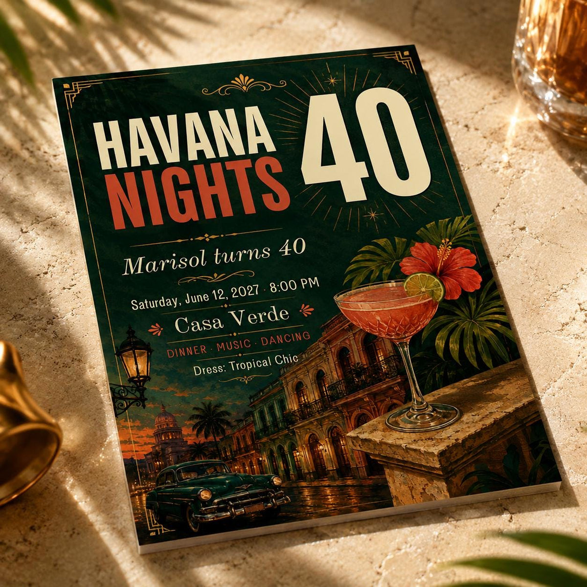 Havana Nights 40th Birthday Invitation, Tropical Cuban Party Invite, Adult Cocktail Birthday, Editable Canva Template