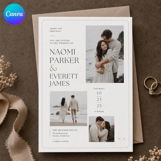 Photo Wedding Invitation Template, Minimalist Modern Wedding Invite, Editable Engagement Photo Invitation, Canva Template
