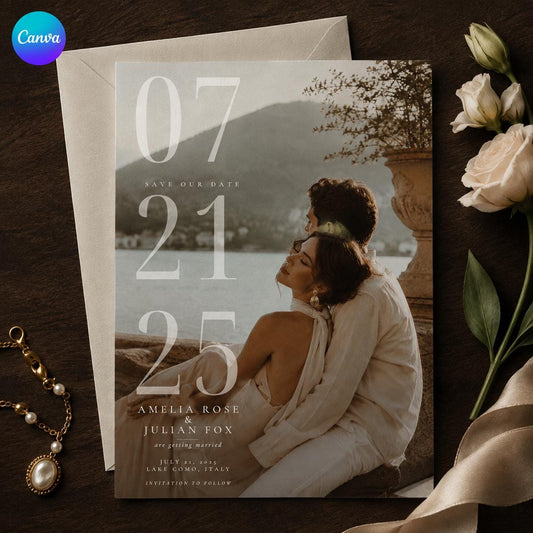 Lake Como Wedding Photo Save the Date — editable Canva template