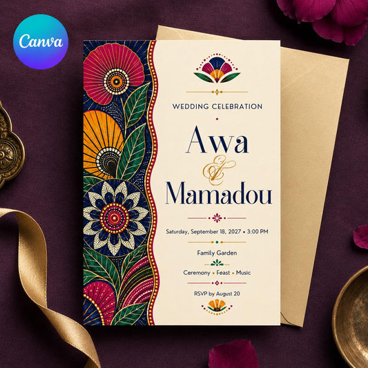 African Wedding Invitation, Colorful Cultural Wedding Invite, Folk Art Ceremony Celebration, Editable Wedding Canva Template