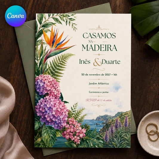 Madeira Wedding Invitation, Tropical Botanical Portuguese Wedding Invite, Destination Island Ceremony, Editable Canva Template