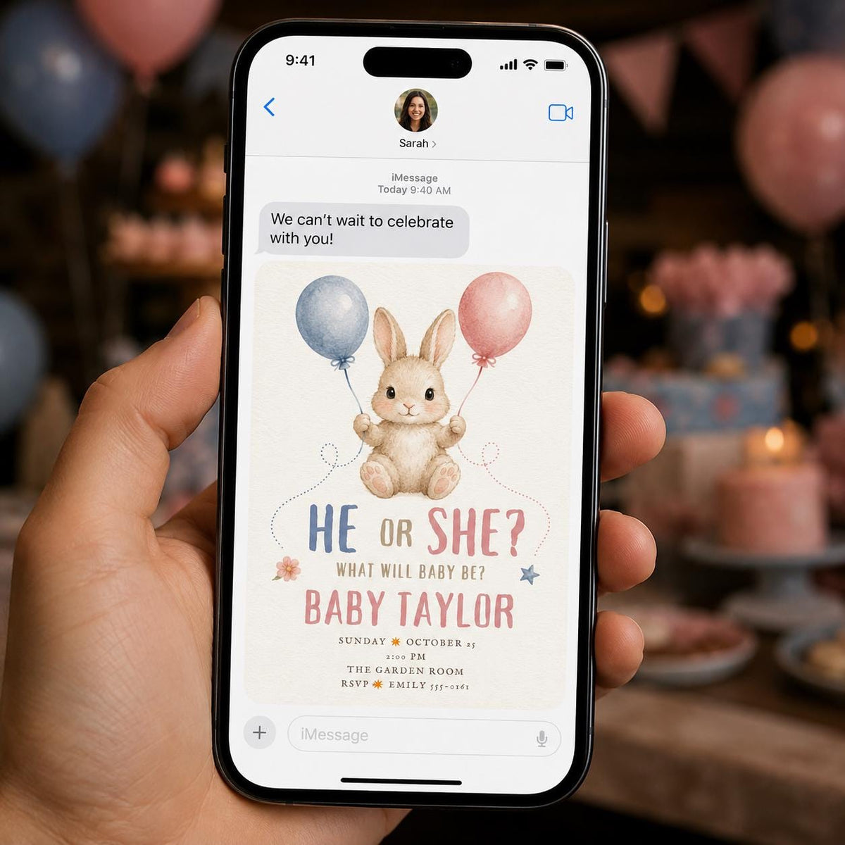 Gender Reveal Invitation, He or She Baby Shower Invite, Bunny Balloon Theme, Editable Gender Reveal Canva Template