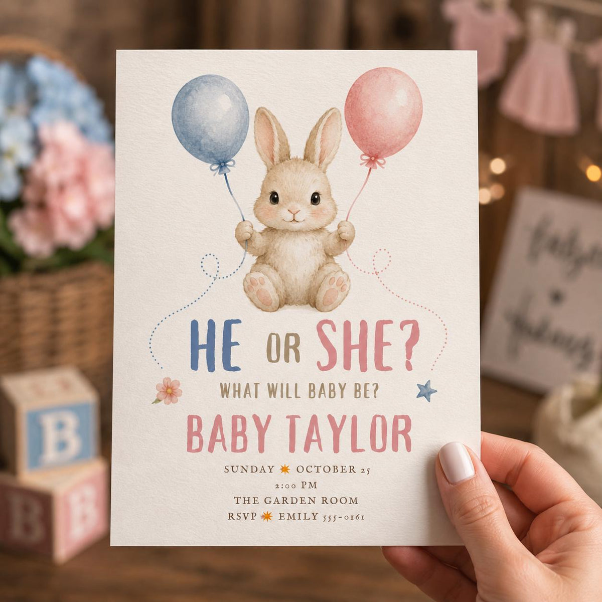 Gender Reveal Invitation, He or She Baby Shower Invite, Bunny Balloon Theme, Editable Gender Reveal Canva Template