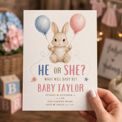 Gender Reveal Invitation, He or She Baby Shower Invite, Bunny Balloon Theme, Editable Gender Reveal Canva Template
