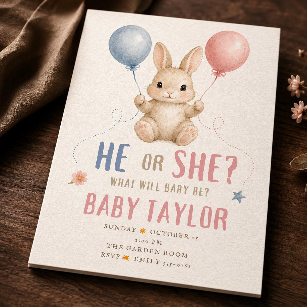 Gender Reveal Invitation, He or She Baby Shower Invite, Bunny Balloon Theme, Editable Gender Reveal Canva Template
