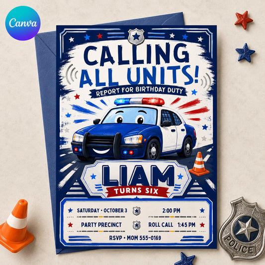 Police Birthday Invitation, Calling All Units Party Invite, 6th Birthday Police Car Invitation, Editable Kids Party Canva Template