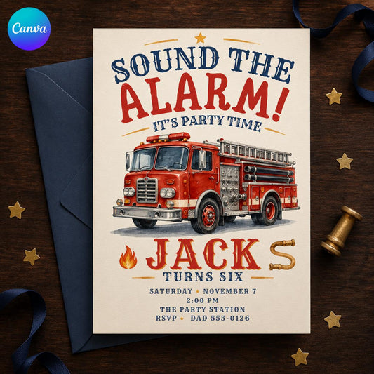 Fire Truck Birthday Invitation, Firefighter 6th Birthday Party Invite, Editable Kids Invite, Canva Template
