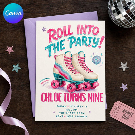 Roller Skating Birthday Invitation, Girls 9th Birthday Party Invite, Retro Roller Rink Editable Canva Template