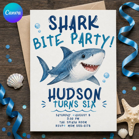 Shark Birthday Invitation, Shark Bite Party Invite, Under the Sea Kids Birthday, Editable Canva Template