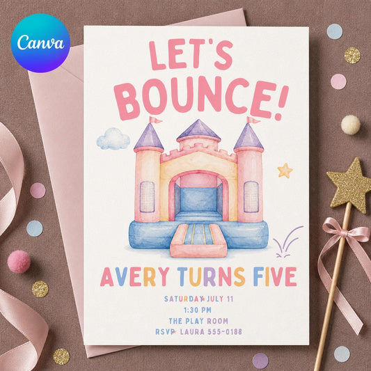 Bounce House Birthday Invitation, Pastel Watercolor Bouncy Castle Party Invite, Girls 5th Birthday Editable Canva Template