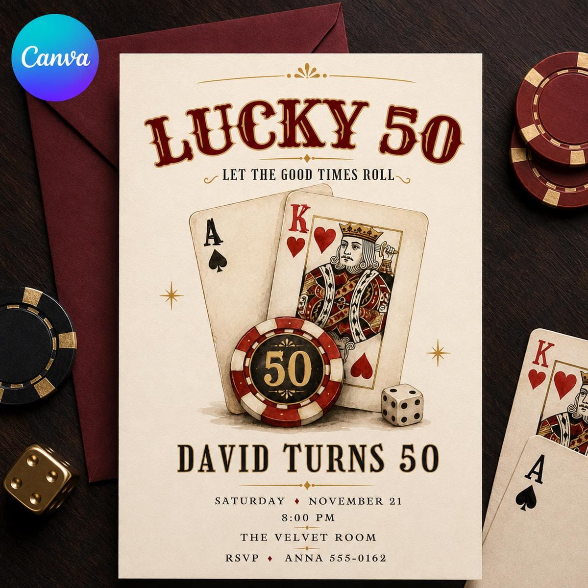 Vintage 50th Birthday Casino Invitation — editable Canva template