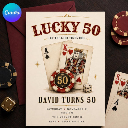 Vintage 50th Birthday Casino Invitation — editable Canva template