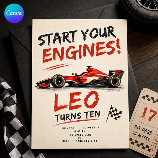 Race Car Birthday Invitation, 10th Birthday Racing Party Invite, Editable Formula Race Car Canva Template