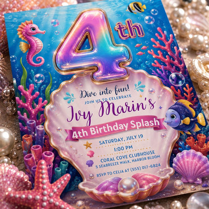 Iridescent Four Under the Sea Birthday Invitation in blue and pink