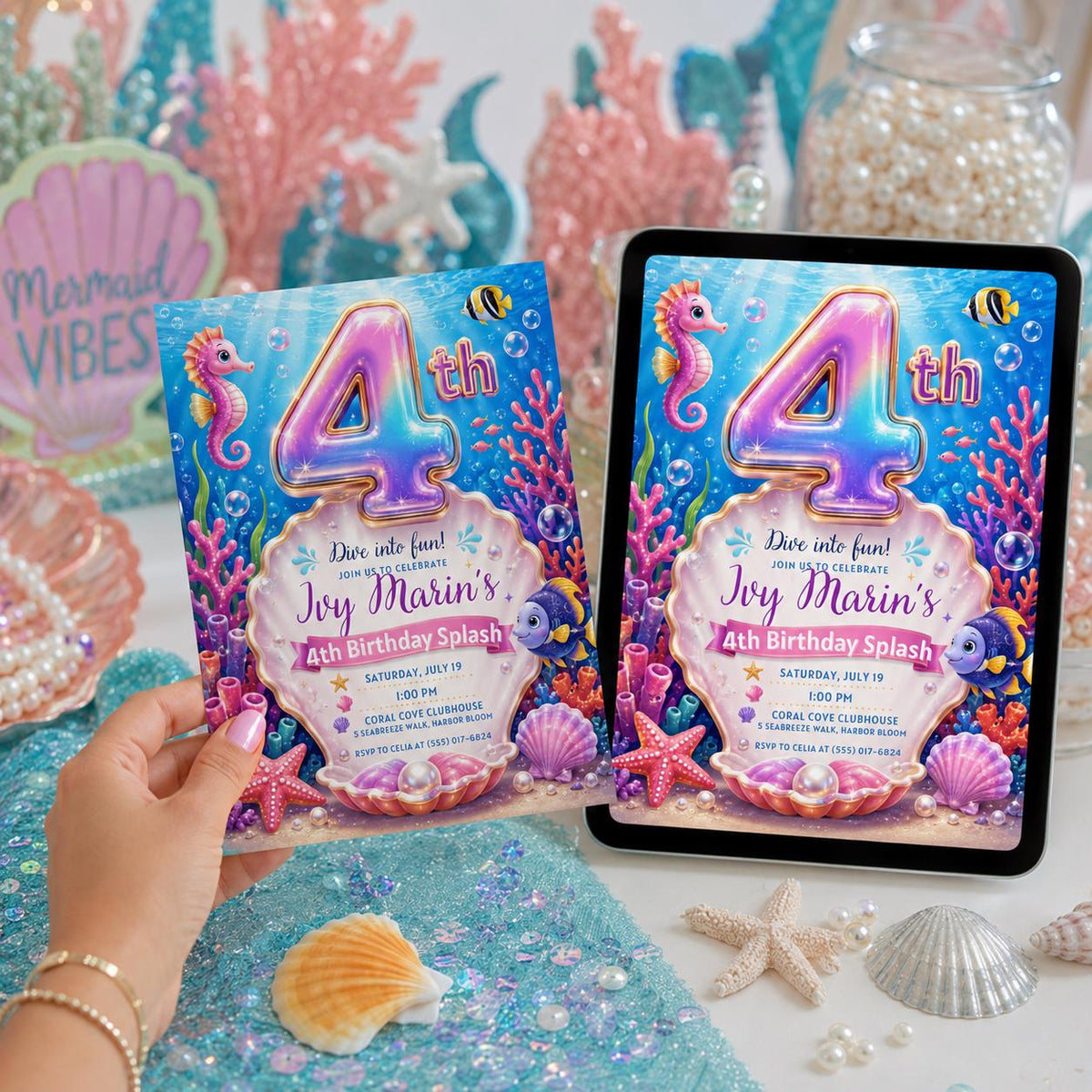 Iridescent Four Under the Sea Birthday Invitation — ocean design