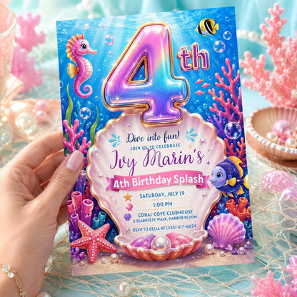 Iridescent Four Under the Sea Birthday Invitation — invitation you personalize in Canva