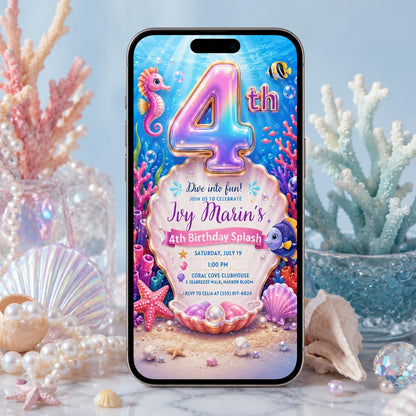 Iridescent Four Under the Sea Birthday Invitation — ocean artwork in blue and pink