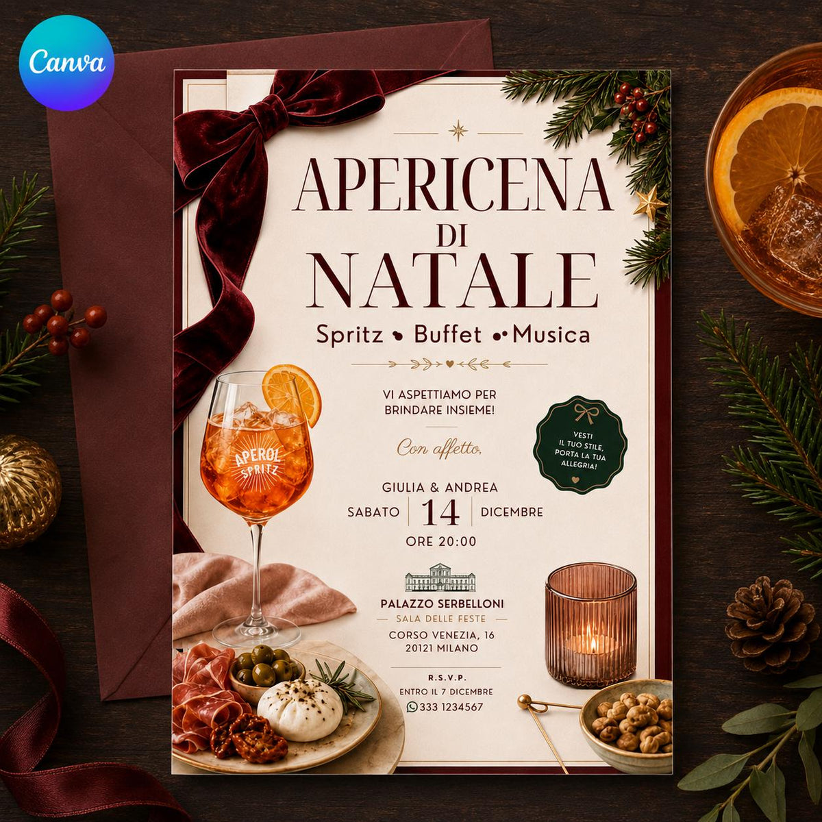 Italian Christmas Aperitivo Invitation — editable Canva template