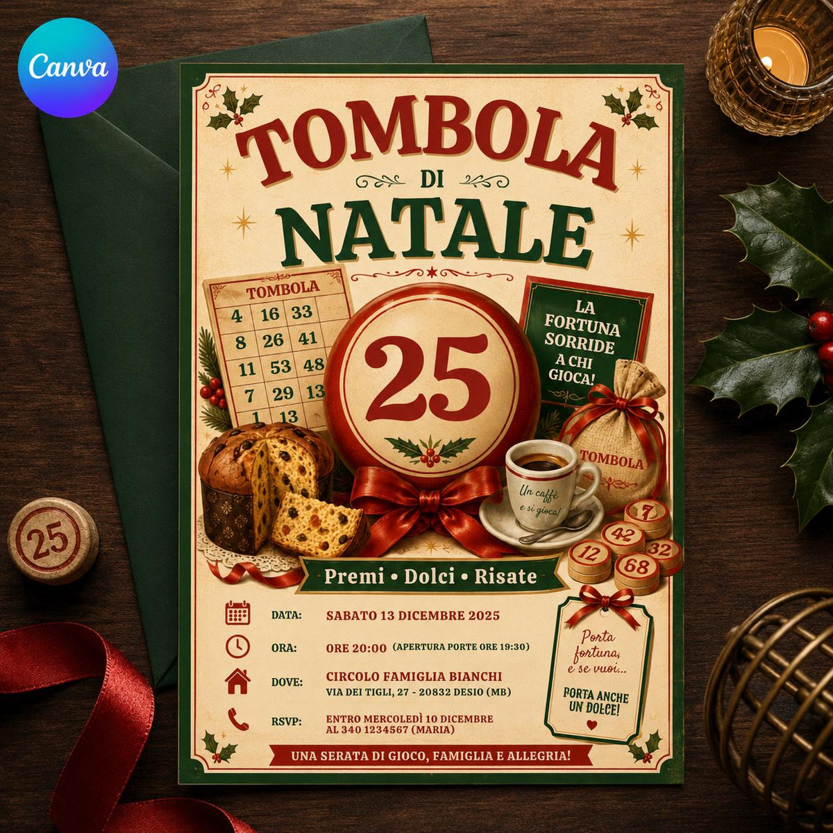 Italian Christmas Tombola Invitation — editable Canva template