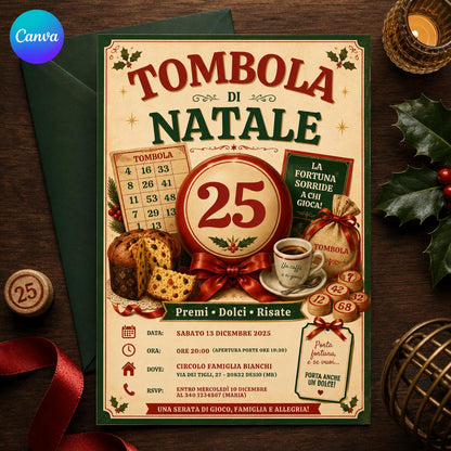 Italian Christmas Tombola Invitation — editable Canva template
