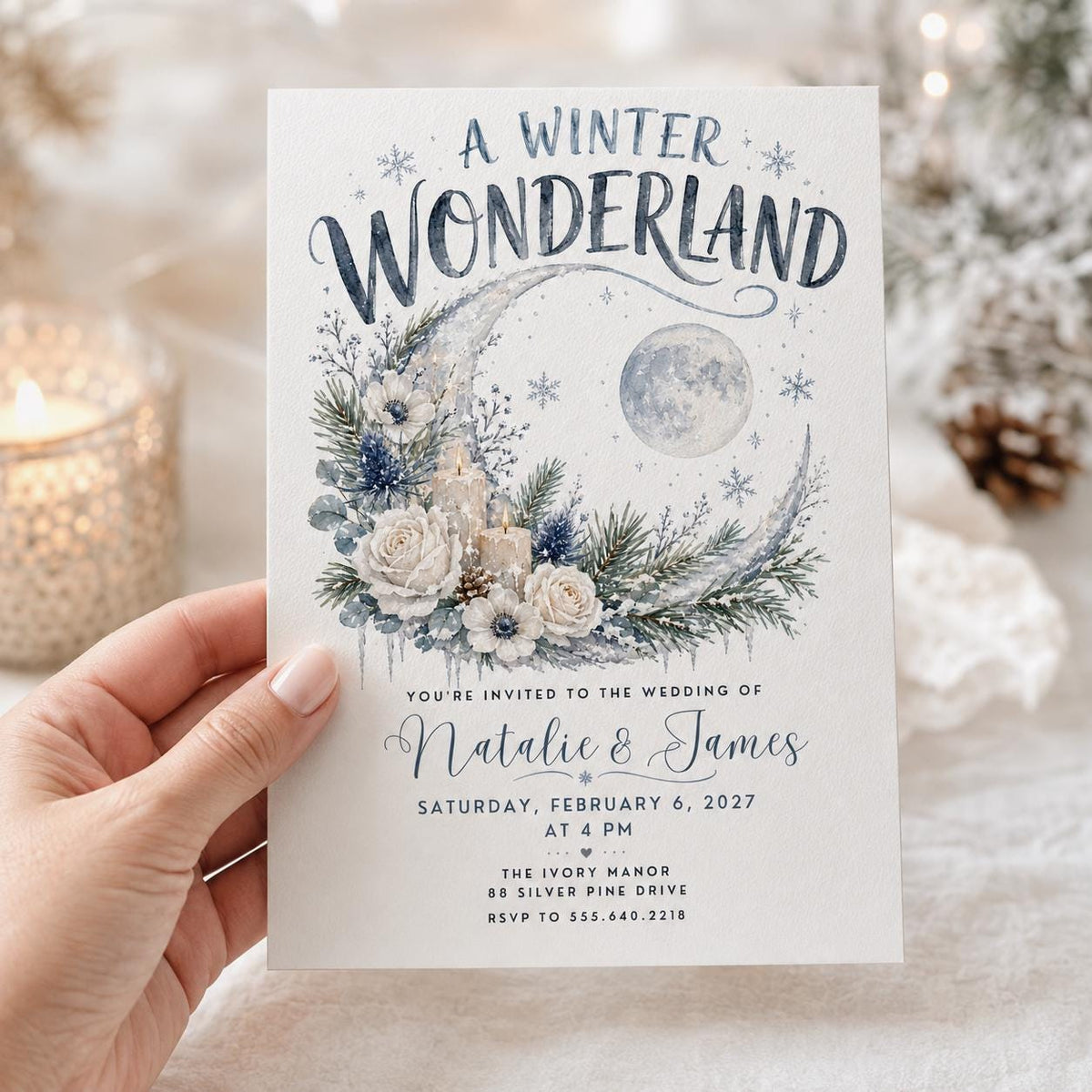 Ivory and Blue Winter Wonderland Wedding Invitation — invitation you personalize in Canva
