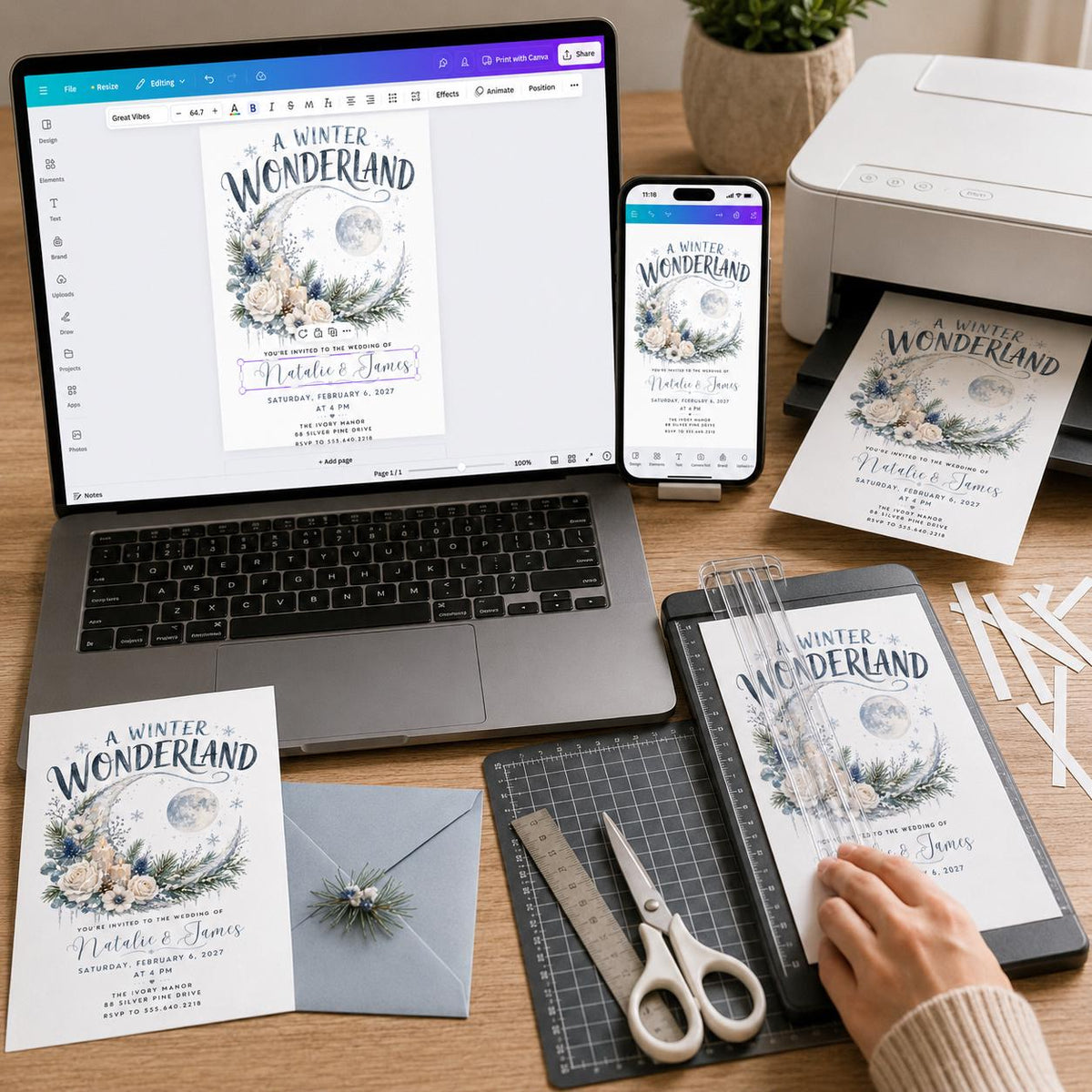 Ivory and Blue Winter Wonderland Wedding Invitation — celestial wedding design