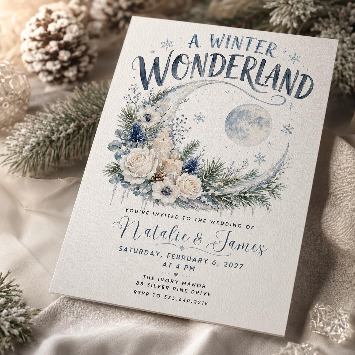 Ivory and Blue Winter Wonderland Wedding Invitation — print-ready wedding design from VoltBy