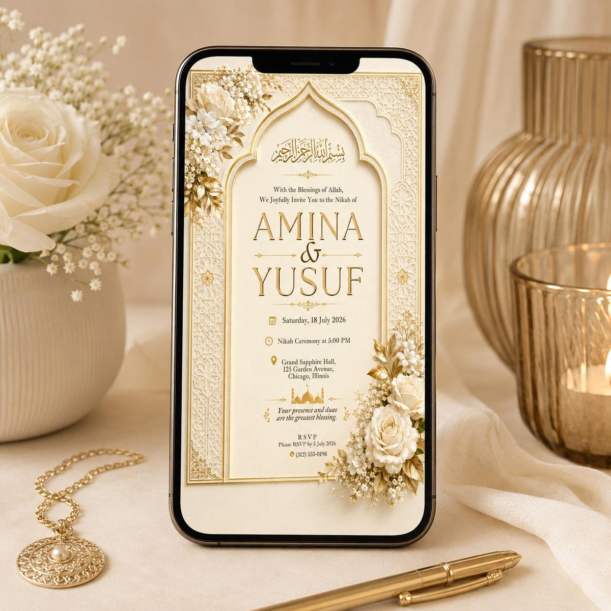 Ivory and Gold Nikah Invitation: Ivory Gold Islamic Wedding — floral design