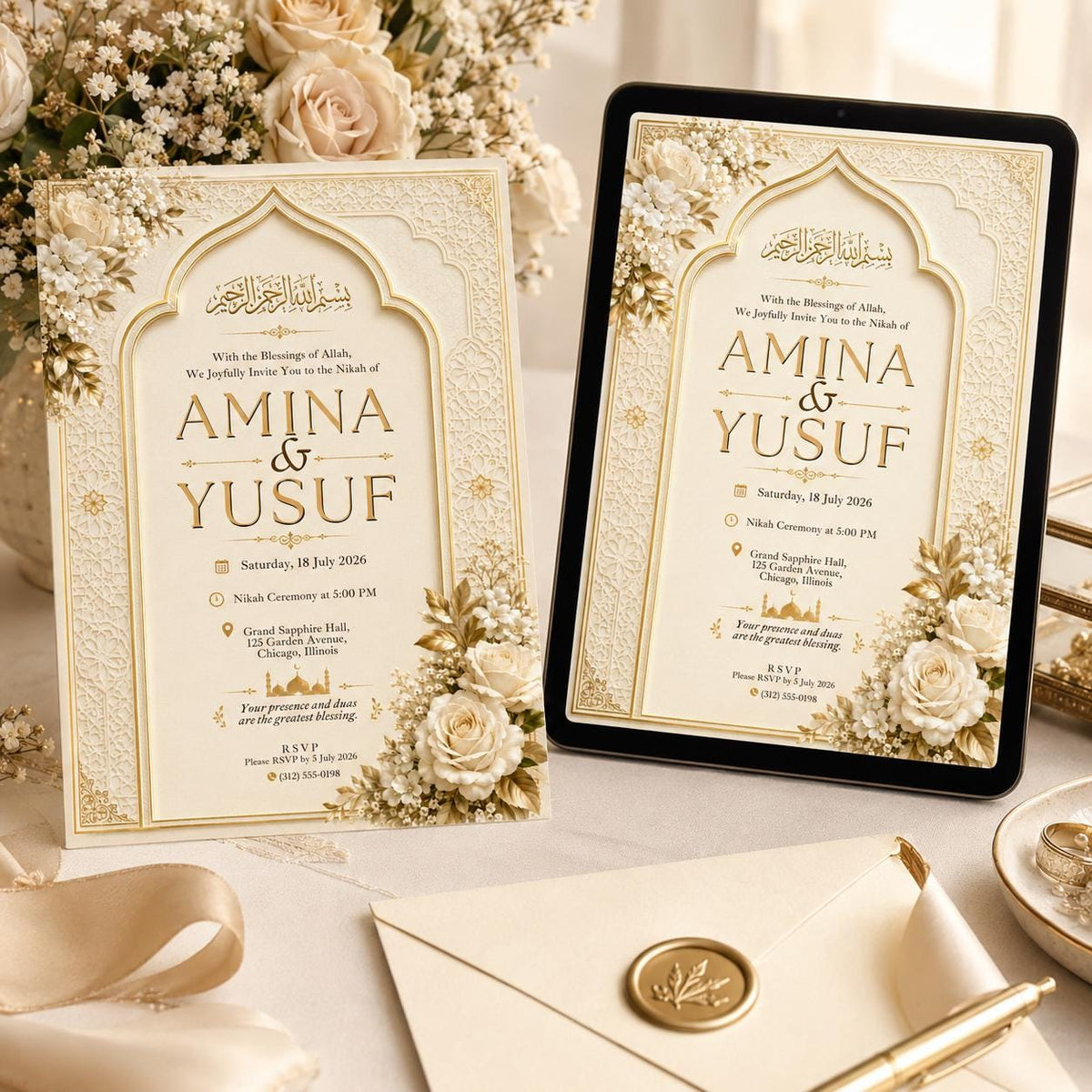 Ivory and Gold Nikah Invitation: Ivory Gold Islamic Wedding — invitation you personalize in Canva