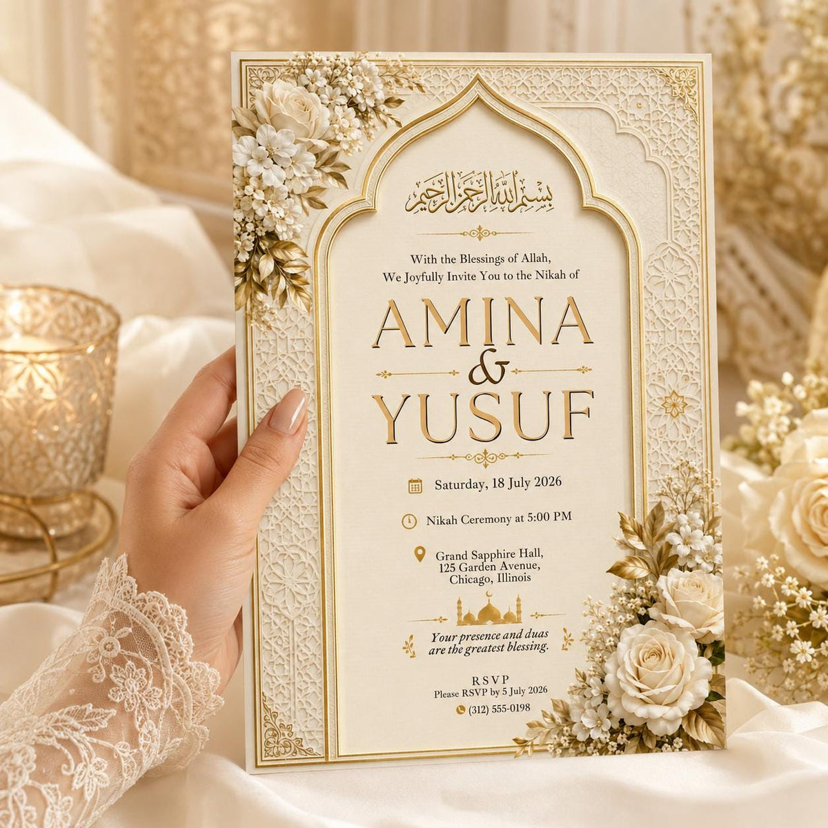 Ivory and Gold Nikah Invitation: Ivory Gold Islamic Wedding — floral nikah ceremony design