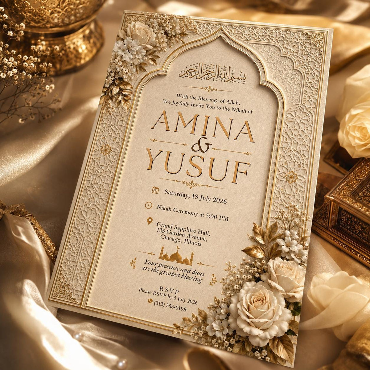 Ivory and Gold Nikah Invitation: Ivory Gold Islamic Wedding — print-ready nikah ceremony design from VoltBy