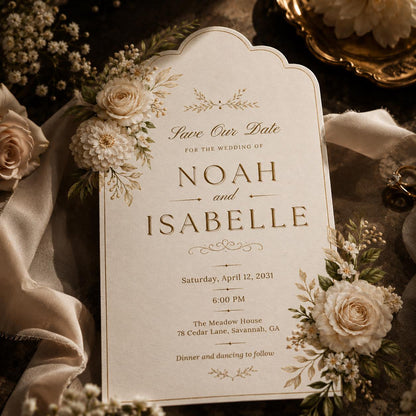 Ivory Floral Arch Wedding Save the Date — rose artwork in gold and green