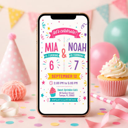 Joint 6th and 7th Birthday Invitation with Teal Name Banners — invitation you personalize in Canva