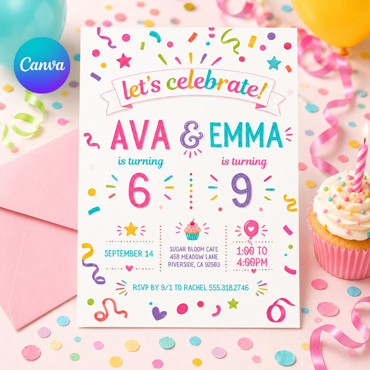Joint Confetti 6th and 9th Birthday Invitation