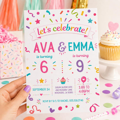 Joint Confetti 6th and 9th Birthday Invitation — invitation you personalize in Canva