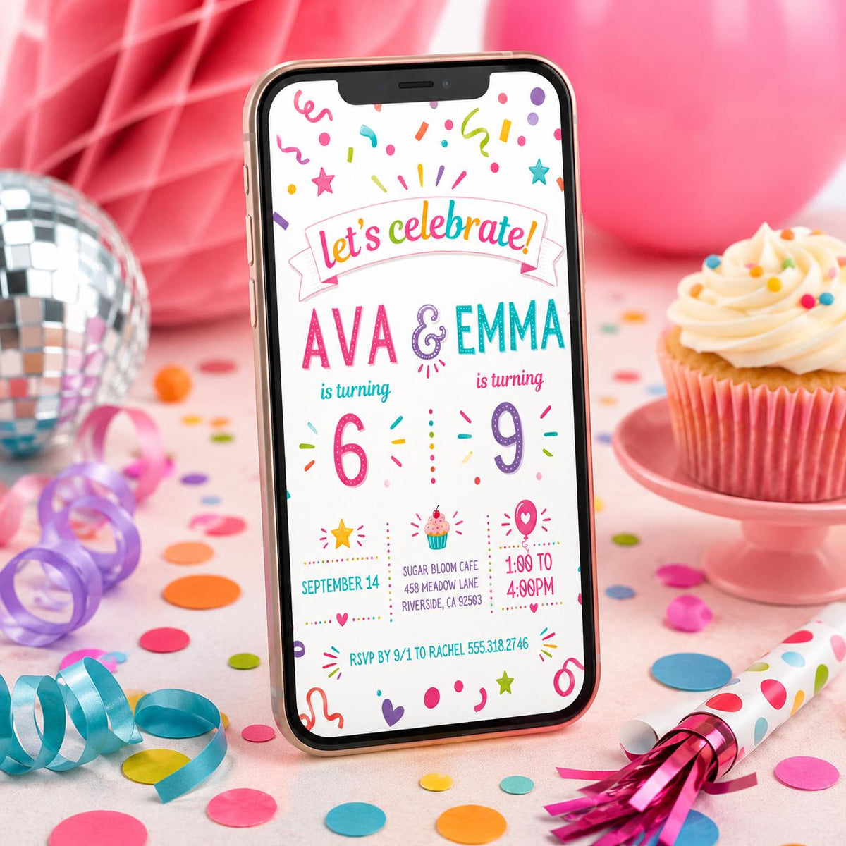 Joint Confetti 6th and 9th Birthday Invitation — print-ready 6th birthday party design from VoltBy