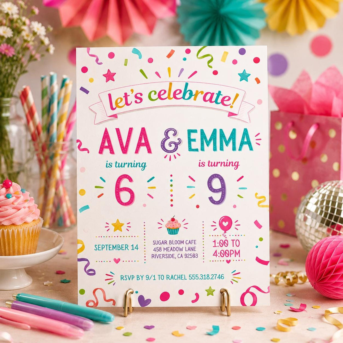 Joint Confetti 6th and 9th Birthday Invitation — digital invitation, instant download