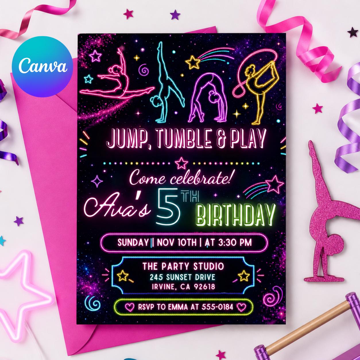 jump tumble & play gymnastics birthday party invitation editable template | girls rainbow gymnastics theme birthday invite, Canva Template __etsy:7987963876