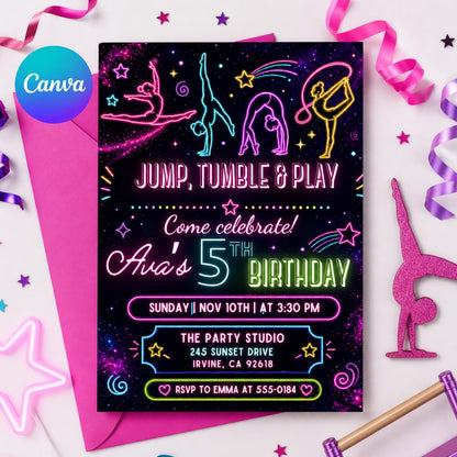 jump tumble & play gymnastics birthday party invitation editable template | girls rainbow gymnastics theme birthday invite, Canva Template __etsy:7987963876