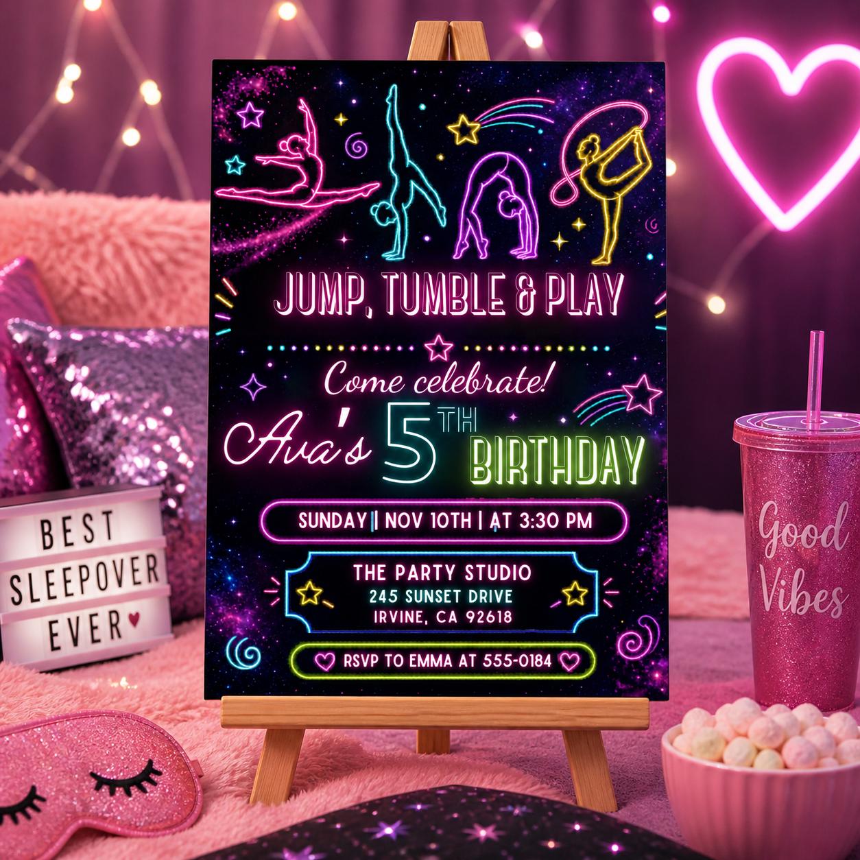 jump tumble & play gymnastics birthday party invitation editable template | girls rainbow gymnastics theme birthday invite, Canva Template __etsy:7984155966