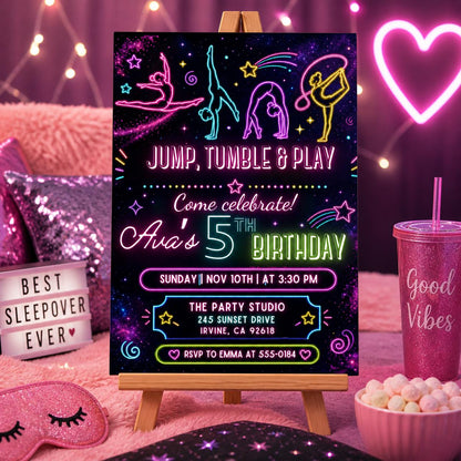 jump tumble & play gymnastics birthday party invitation editable template | girls rainbow gymnastics theme birthday invite, Canva Template __etsy:7984155966