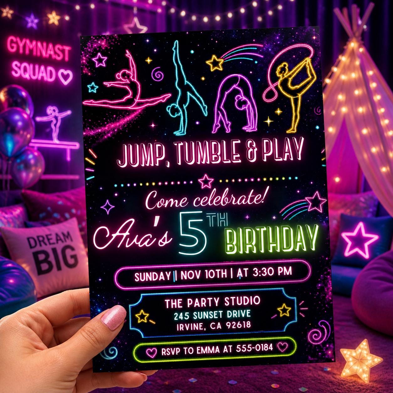 jump tumble & play gymnastics birthday party invitation editable template | girls rainbow gymnastics theme birthday invite, Canva Template __etsy:7984155850