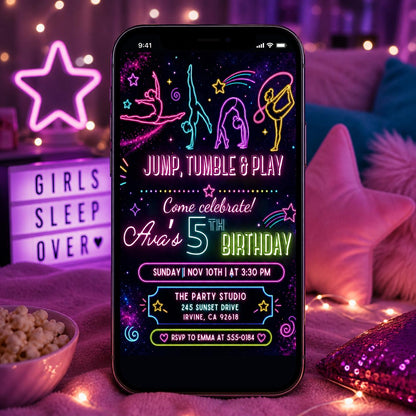 jump tumble & play gymnastics birthday party invitation editable template | girls rainbow gymnastics theme birthday invite, Canva Template __etsy:8032100499