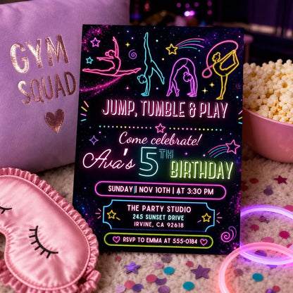 jump tumble & play gymnastics birthday party invitation editable template | girls rainbow gymnastics theme birthday invite, Canva Template __etsy:7984155968