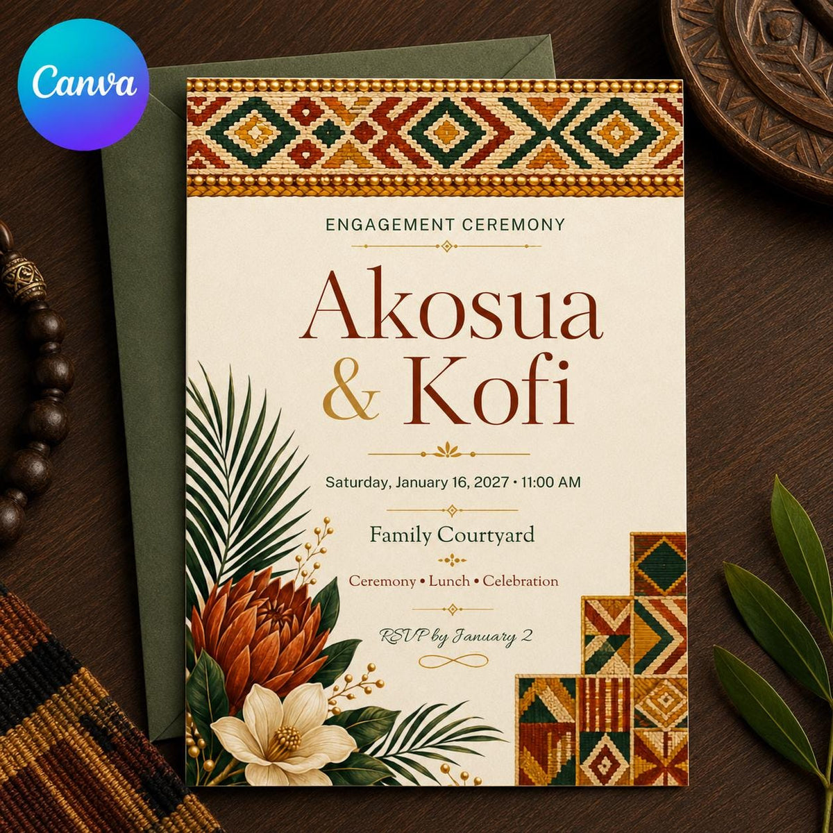 Kente Ghanaian Engagement Invitation — editable Canva template