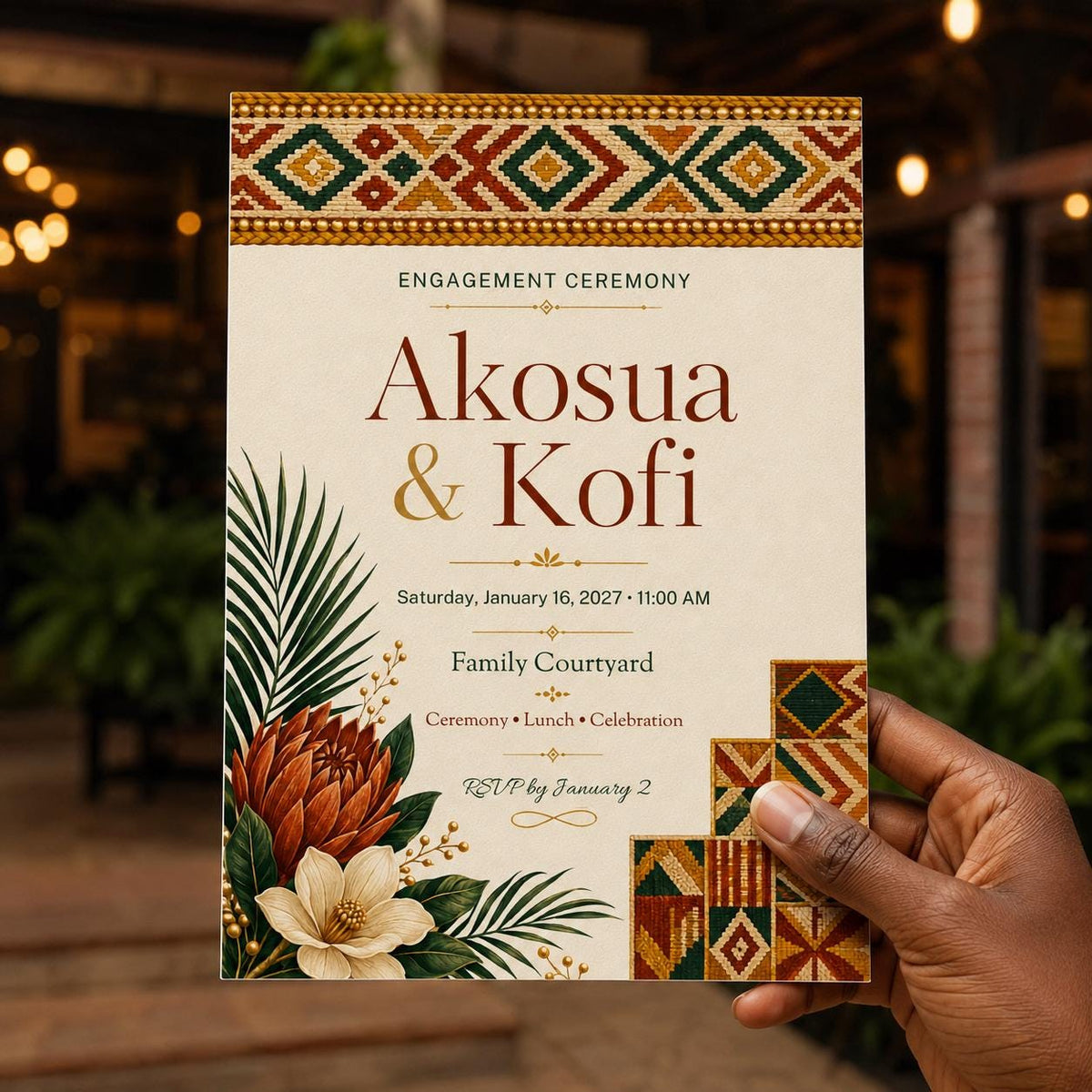 Kente Ghanaian Engagement Invitation — print-ready engagement party design from VoltBy