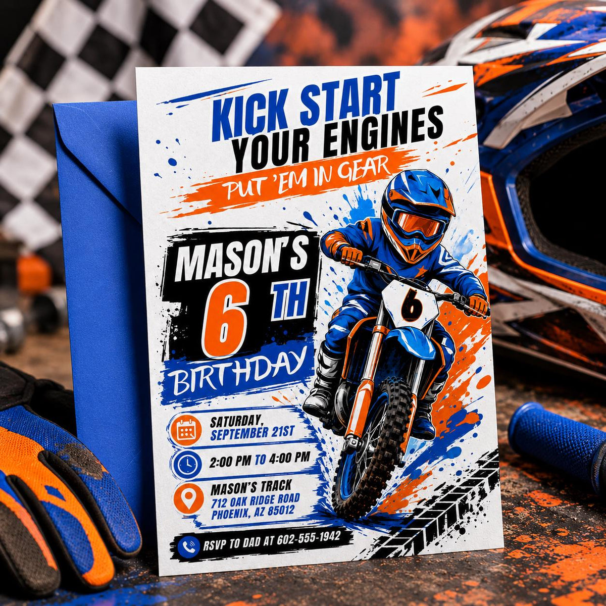 Kick Start Your Engines Motocross 6th Birthday Invitation — motorcycle artwork in black and blue