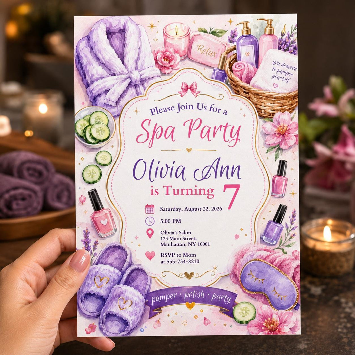 Kids Spa Party Invitation — print-ready 7th birthday party design from VoltBy